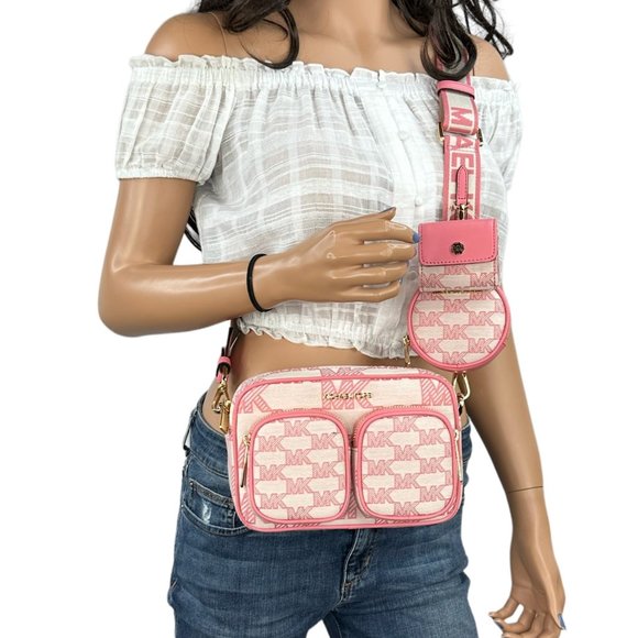 MICHAEL KORS JET SET ITEM POCKET CROSSBODY TECH ATTACHED BAG Jacquard Tea  Rose